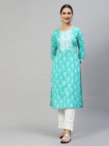 Floral Printed & Embroidered Straight Fit Kurta - Turquoise