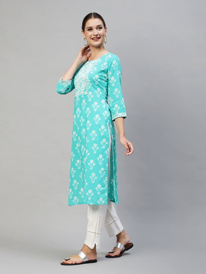 Floral Printed & Embroidered Straight Fit Kurta - Turquoise