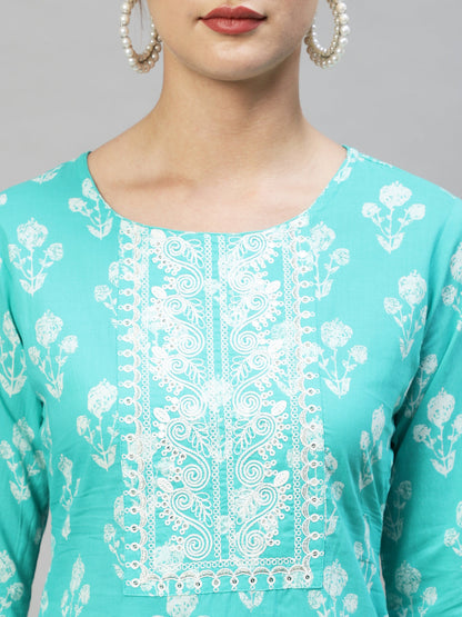 Floral Printed & Embroidered Straight Fit Kurta - Turquoise