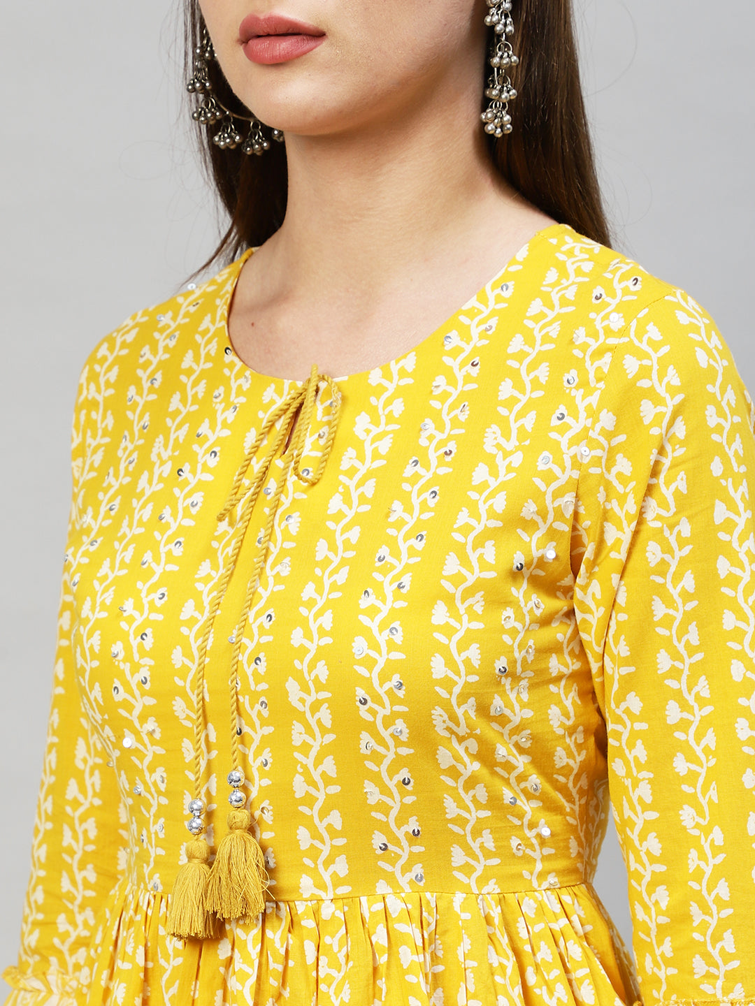 Floral Printed & Hand Embroidered Peplum Flare Top - Yellow