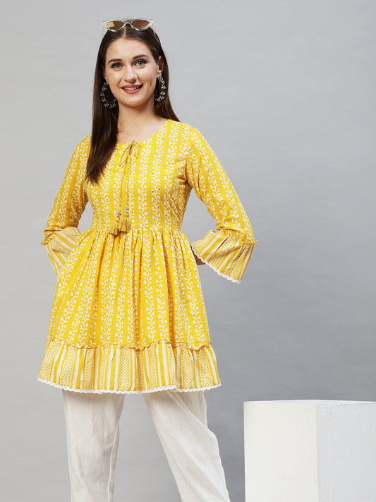 Floral Printed & Hand Embroidered Peplum Flare Top - Yellow
