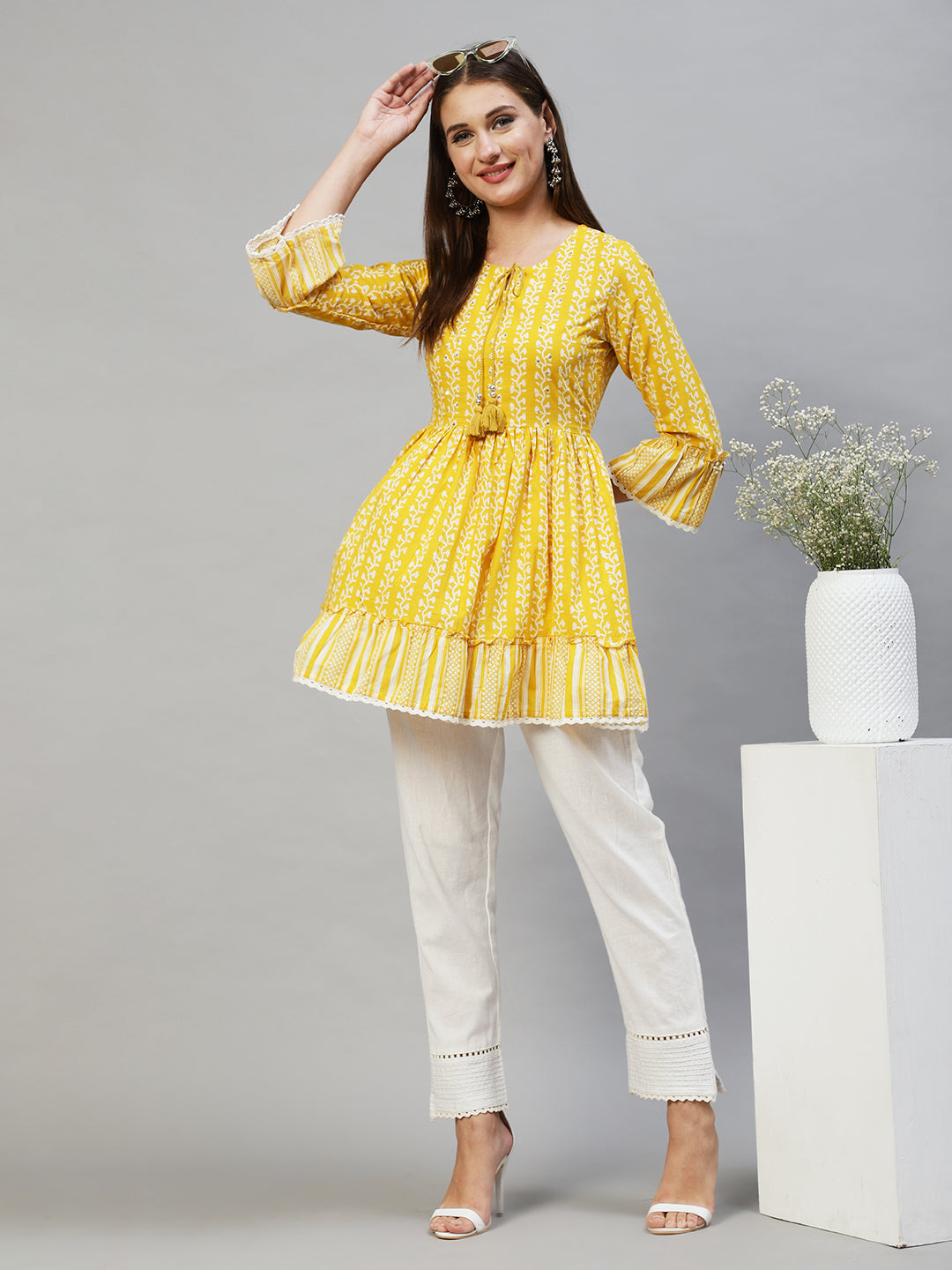 Floral Printed & Hand Embroidered Peplum Flare Top - Yellow
