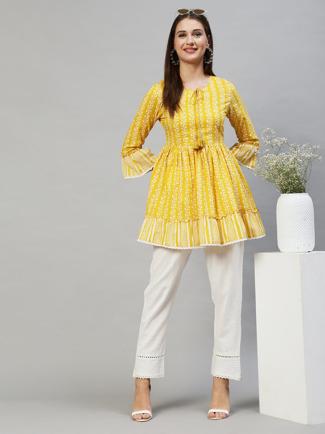 Floral Printed & Hand Embroidered Peplum Flare Top - Yellow