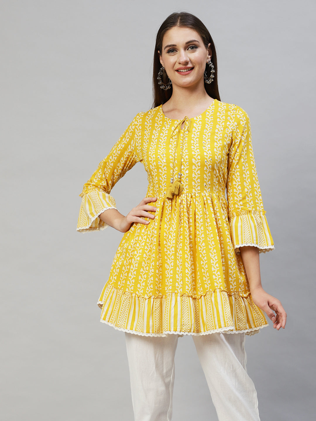 Floral Printed & Hand Embroidered Peplum Flare Top - Yellow