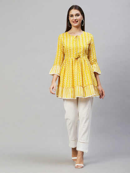 Floral Printed & Hand Embroidered Peplum Flare Top - Yellow