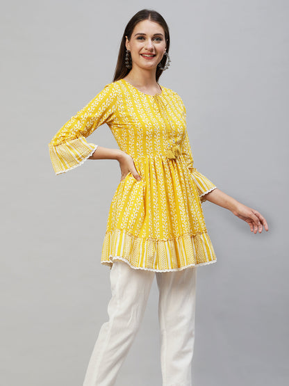 Floral Printed & Hand Embroidered Peplum Flare Top - Yellow
