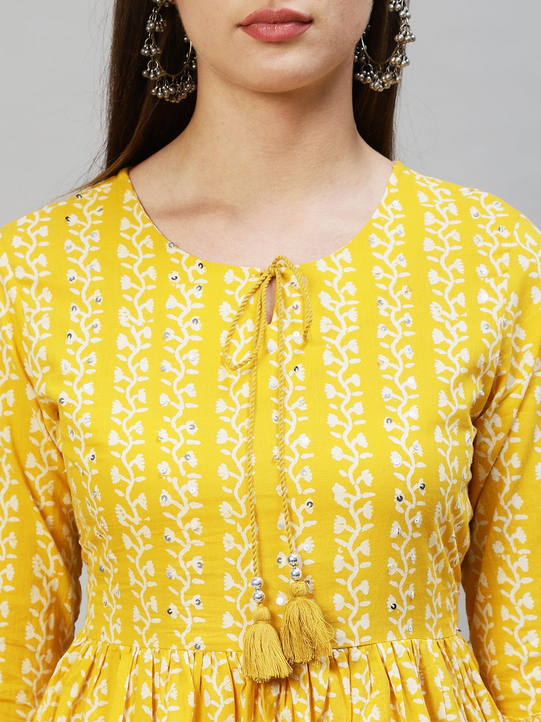 Floral Printed & Hand Embroidered Peplum Flare Top - Yellow