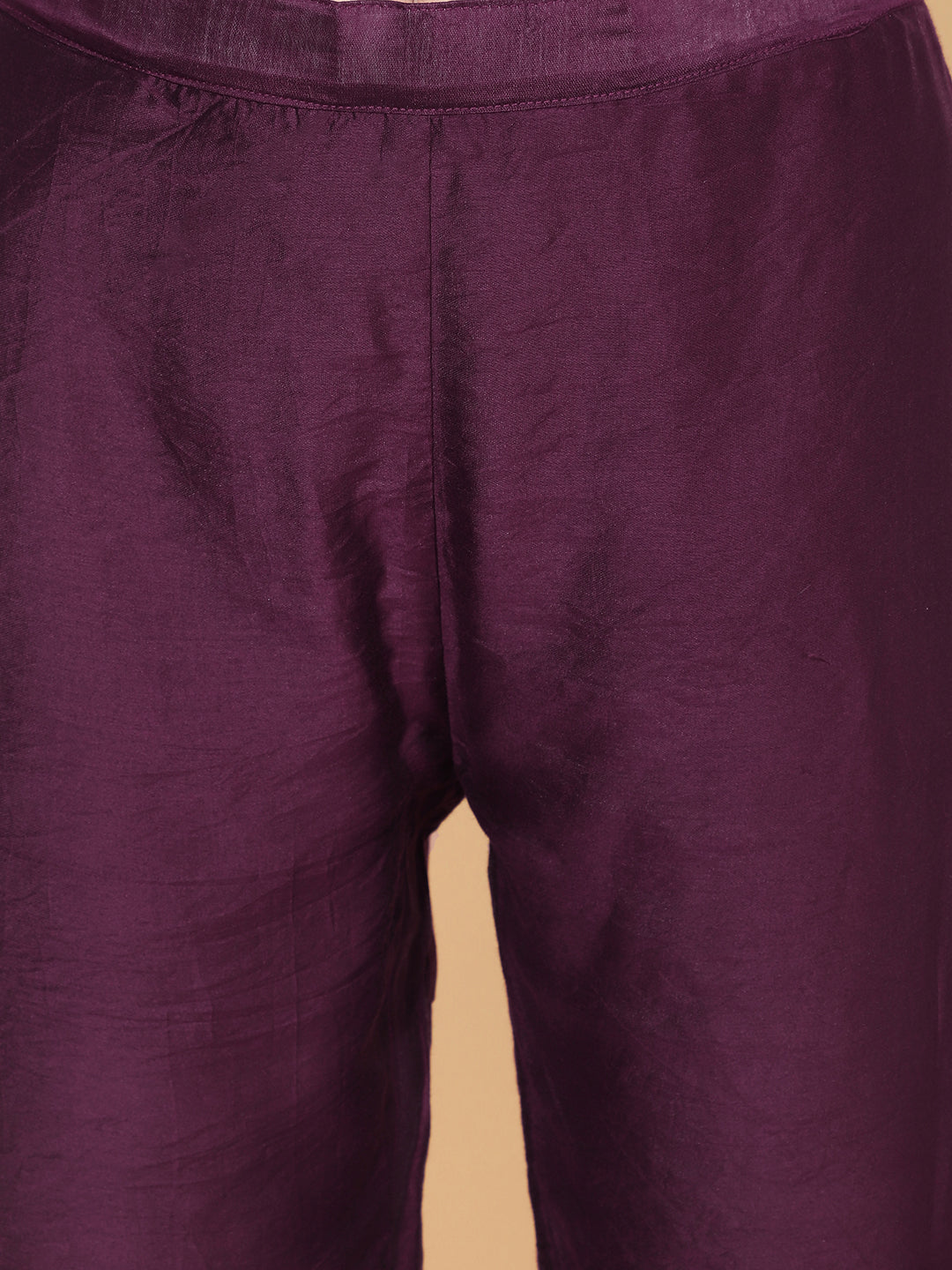 Ethnic Embroidered Straight Fit Kurta with Pants & Dupatta - Wine