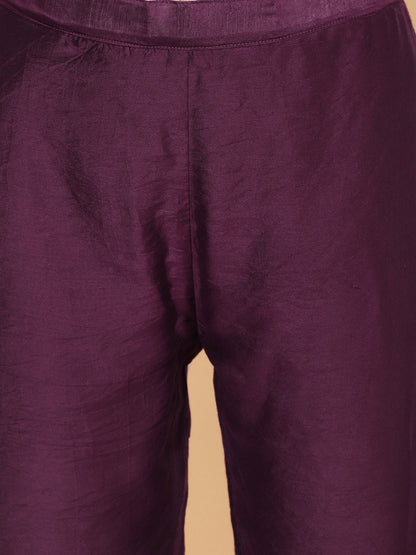 Ethnic Embroidered Straight Fit Kurta with Pants & Dupatta - Wine