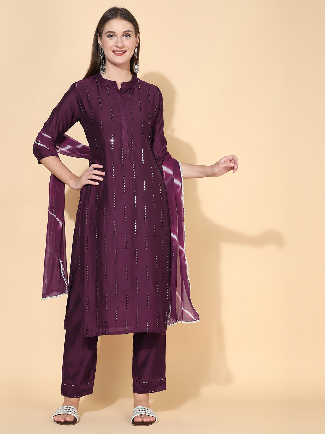 Ethnic Embroidered Straight Fit Kurta with Pants & Dupatta - Wine