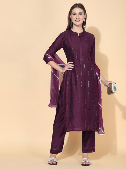 Ethnic Embroidered Straight Fit Kurta with Pants & Dupatta - Wine