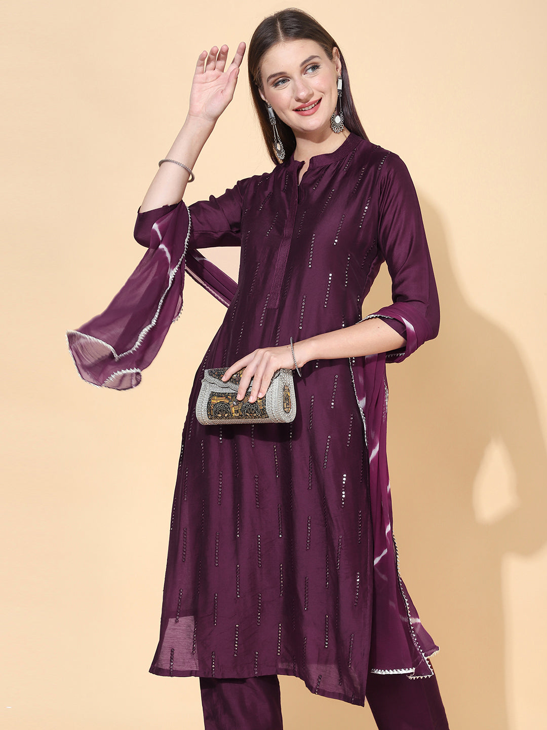 Ethnic Embroidered Straight Fit Kurta with Pants & Dupatta - Wine
