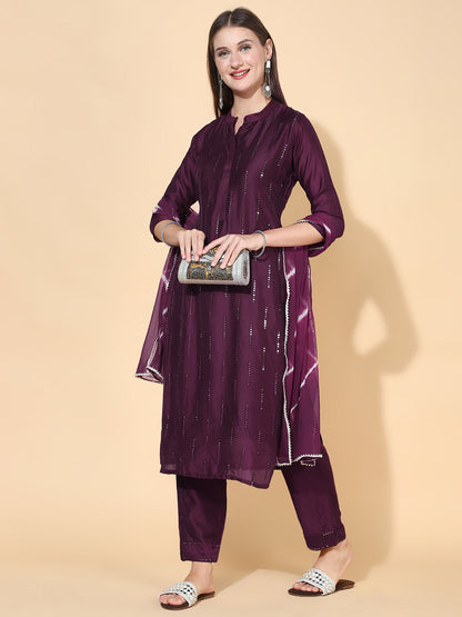 Ethnic Embroidered Straight Fit Kurta with Pants & Dupatta - Wine