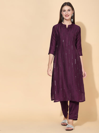 Ethnic Embroidered Straight Fit Kurta with Pants & Dupatta - Wine
