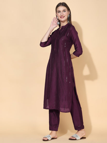 Ethnic Embroidered Straight Fit Kurta with Pants & Dupatta - Wine
