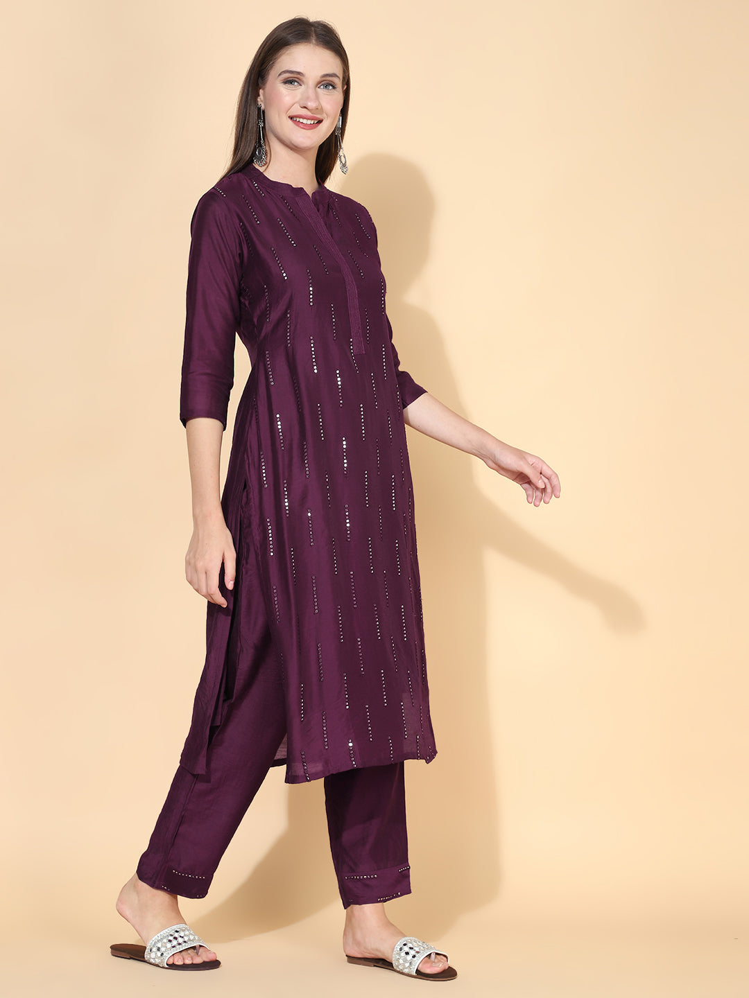 Ethnic Embroidered Straight Fit Kurta with Pants & Dupatta - Wine