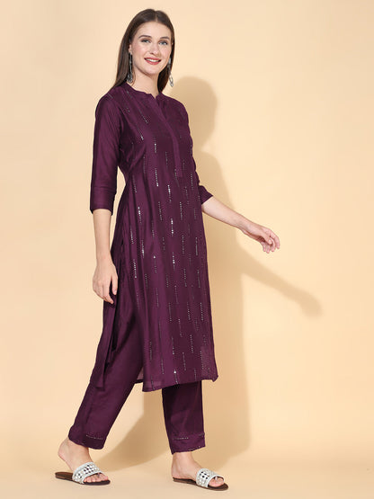 Ethnic Embroidered Straight Fit Kurta with Pants & Dupatta - Wine
