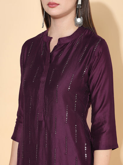 Ethnic Embroidered Straight Fit Kurta with Pants & Dupatta - Wine