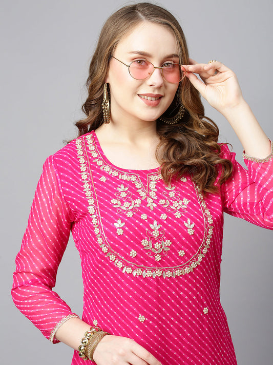 Leheriya Printed & Hand Embroidered Straight Fit Kurta - Hot Pink