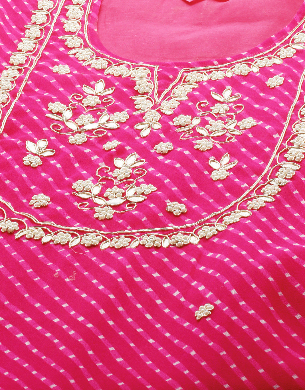 Leheriya Printed & Hand Embroidered Straight Fit Kurta - Hot Pink