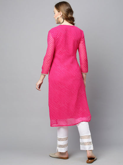 Leheriya Printed & Hand Embroidered Straight Fit Kurta - Hot Pink