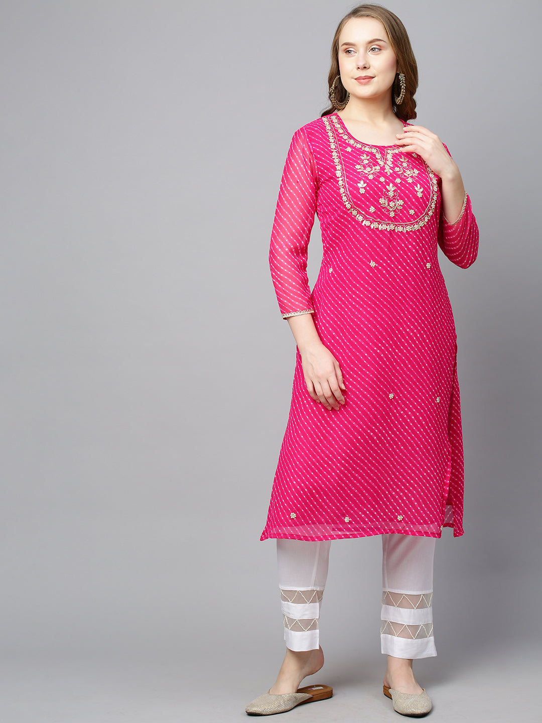 Leheriya Printed & Hand Embroidered Straight Fit Kurta - Hot Pink