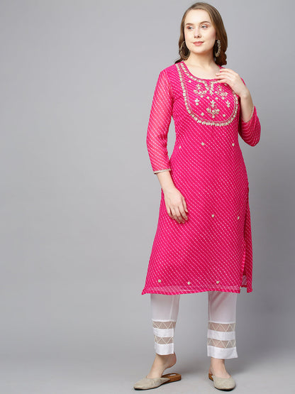 Leheriya Printed & Hand Embroidered Straight Fit Kurta - Hot Pink