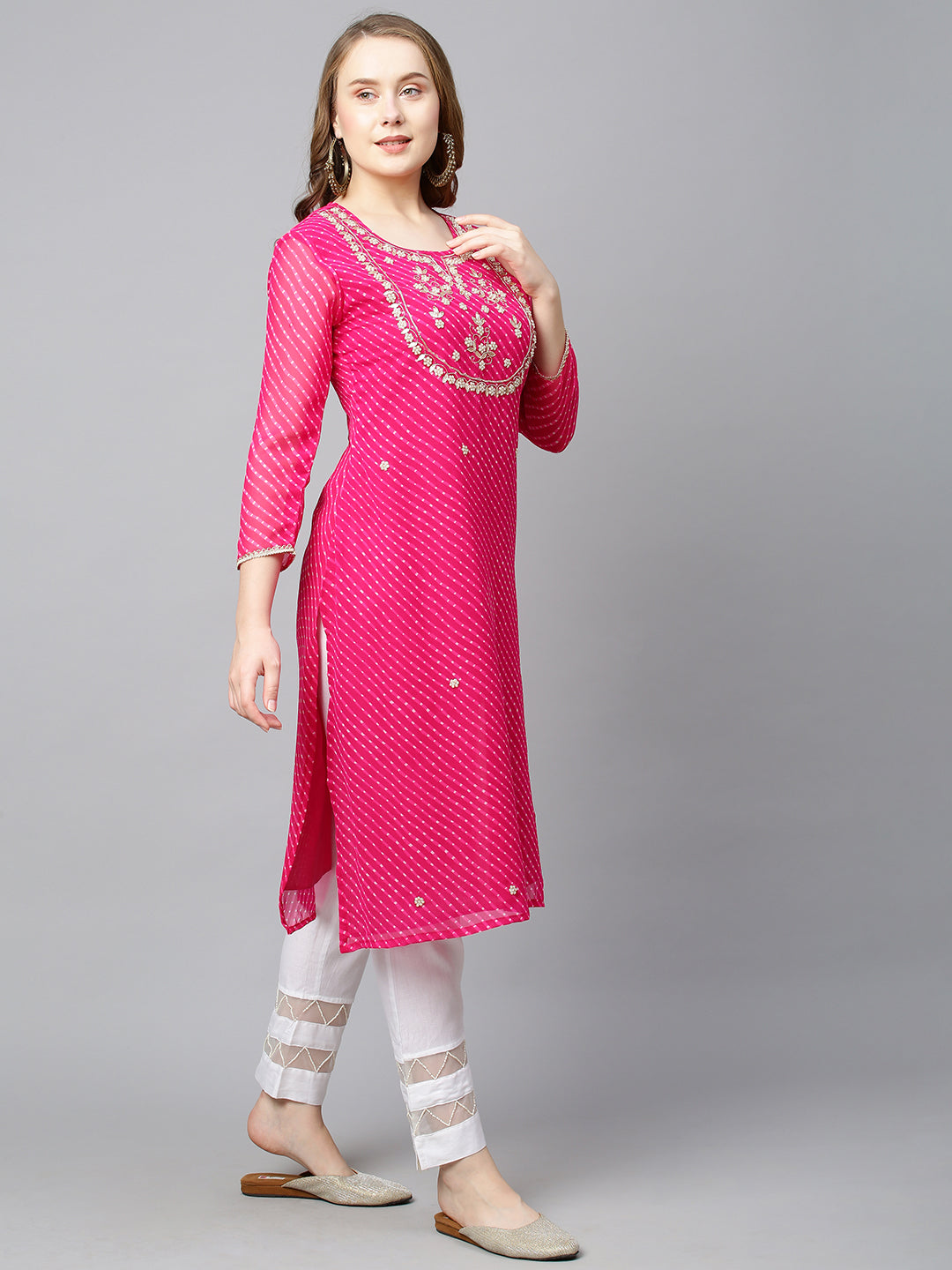 Leheriya Printed & Hand Embroidered Straight Fit Kurta - Hot Pink