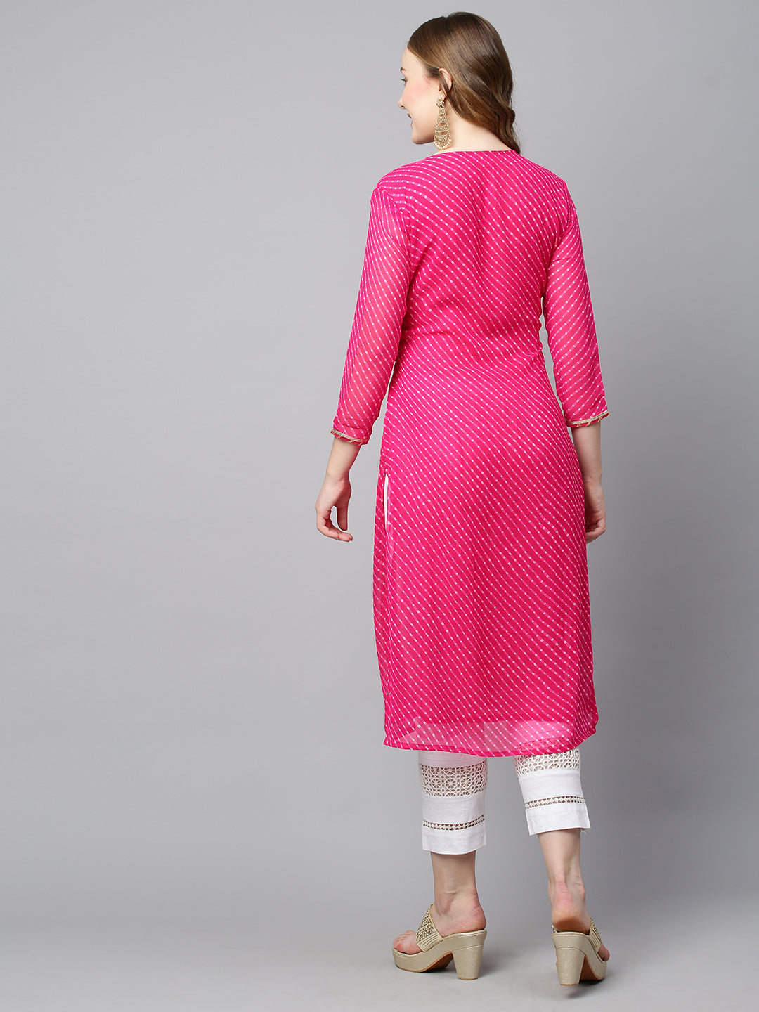 Leheriya Printed & Embroidered Straight Fit Kurta - Hot Pink