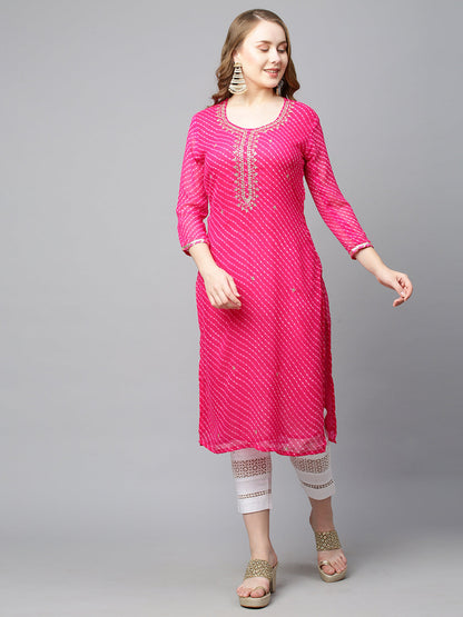 Leheriya Printed & Embroidered Straight Fit Kurta - Hot Pink