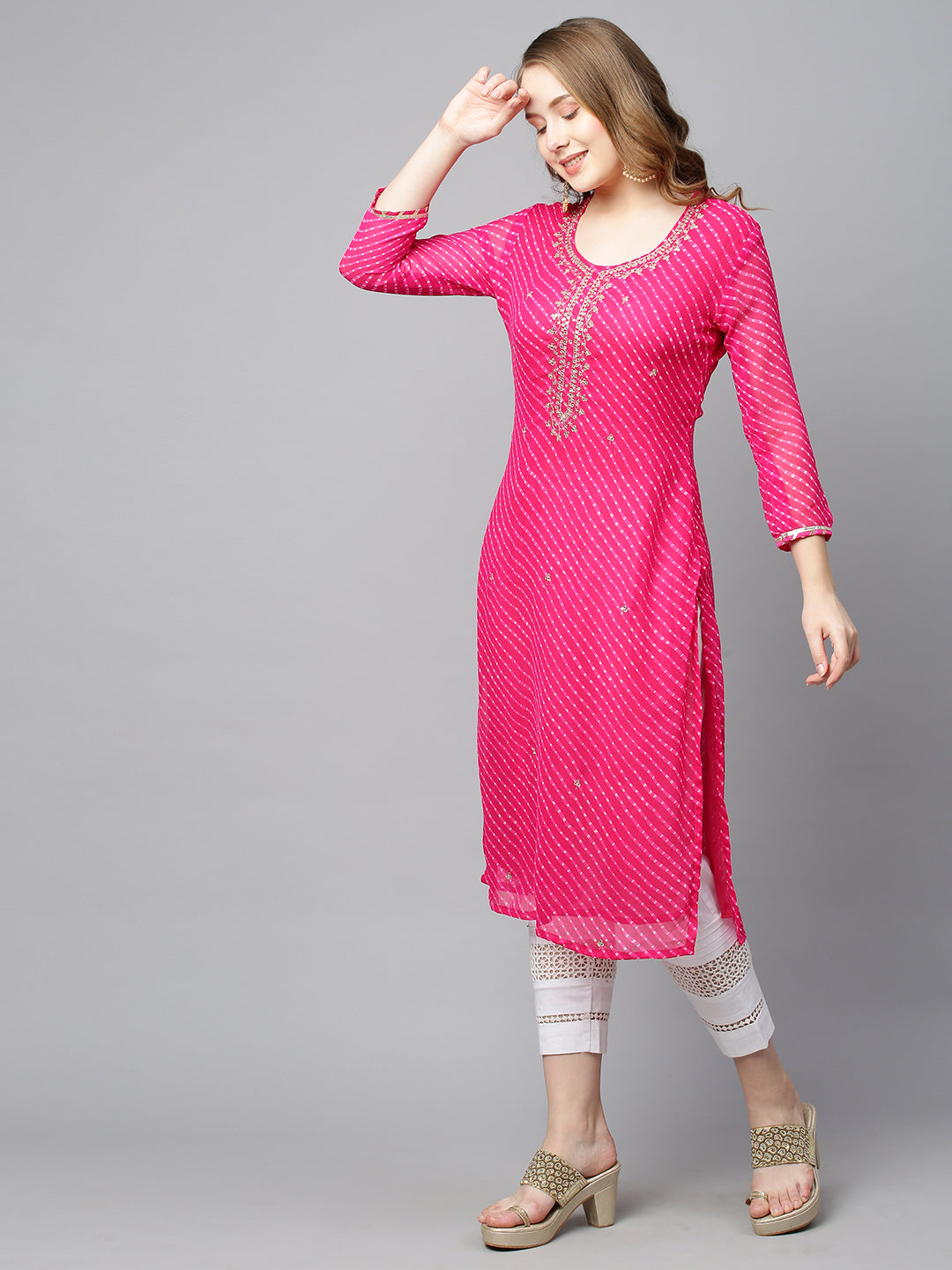 Leheriya Printed & Embroidered Straight Fit Kurta - Hot Pink