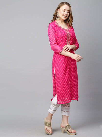 Leheriya Printed & Embroidered Straight Fit Kurta - Hot Pink