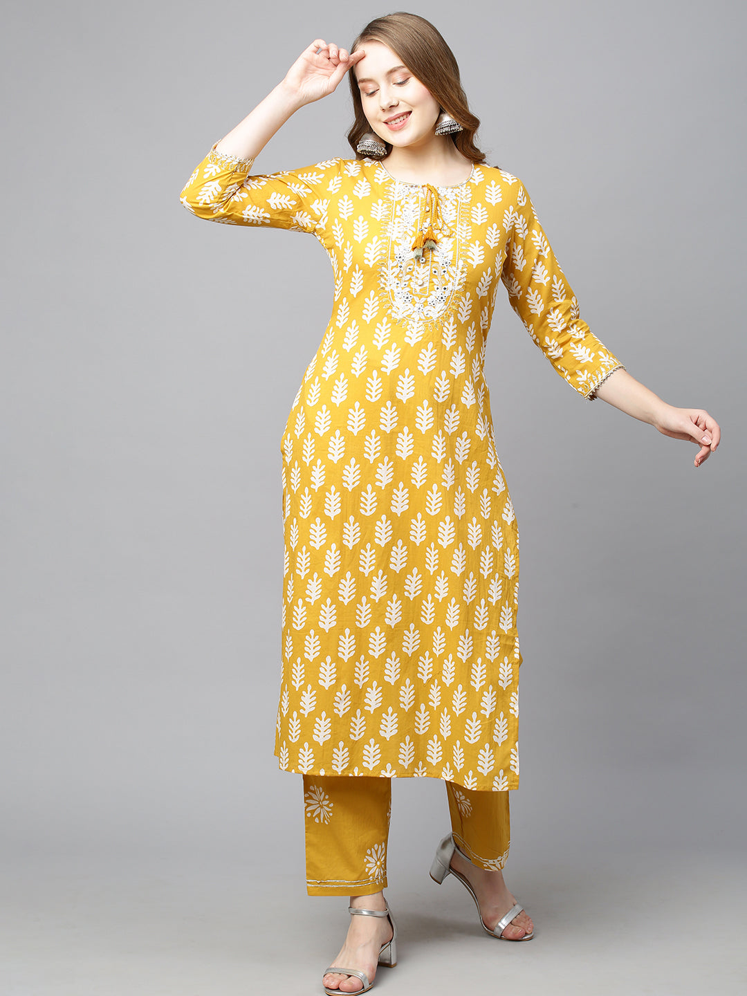 Ethnic Printed & Embroidered Straight Kurta with Pants & Dupatta - Mustard