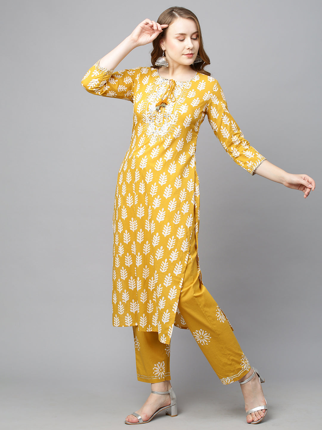 Ethnic Printed & Embroidered Straight Kurta with Pants & Dupatta - Mustard