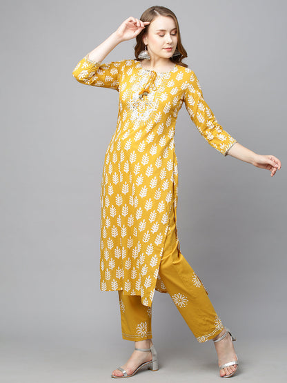 Ethnic Printed & Embroidered Straight Kurta with Pants & Dupatta - Mustard