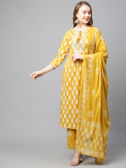 Ethnic Printed & Embroidered Straight Kurta with Pants & Dupatta - Mustard