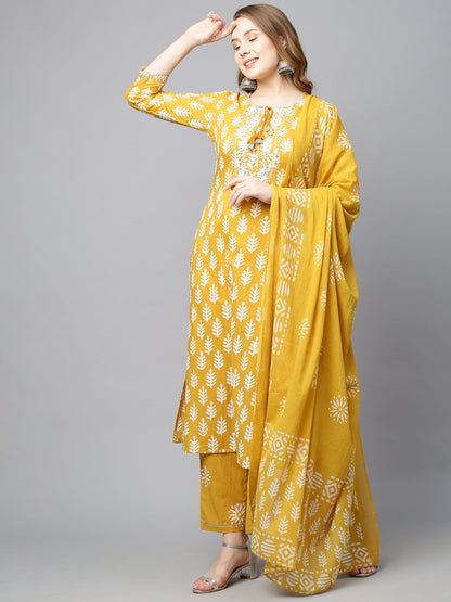 Ethnic Printed & Embroidered Straight Kurta with Pants & Dupatta - Mustard