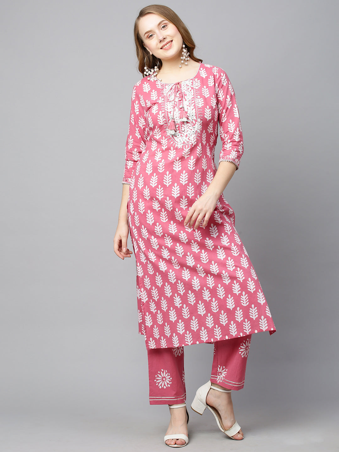 Ethnic Printed & Embroidered Straight Kurta with Pants & Dupatta - Pink