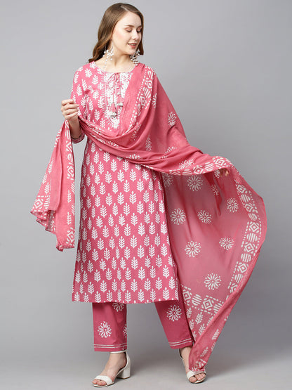 Ethnic Printed & Embroidered Straight Kurta with Pants & Dupatta - Pink