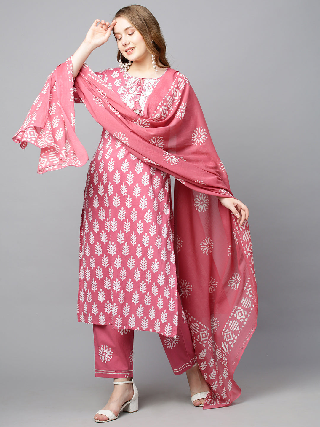Ethnic Printed & Embroidered Straight Kurta with Pants & Dupatta - Pink