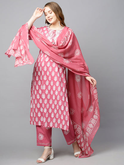Ethnic Printed & Embroidered Straight Kurta with Pants & Dupatta - Pink