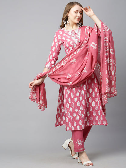 Ethnic Printed & Embroidered Straight Kurta with Pants & Dupatta - Pink