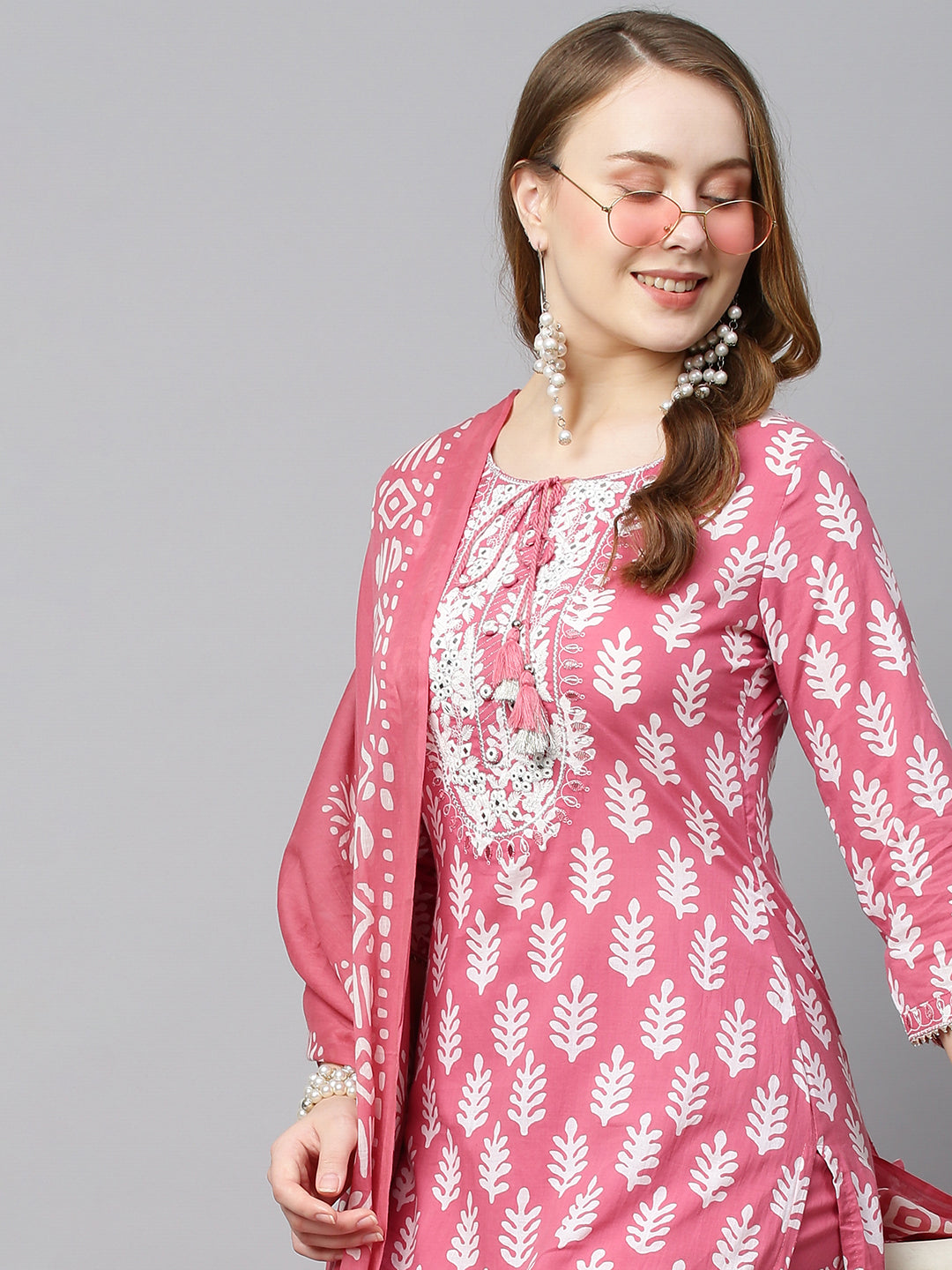Ethnic Printed & Embroidered Straight Kurta with Pants & Dupatta - Pink
