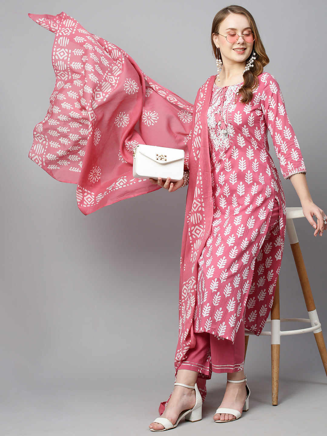Ethnic Printed & Embroidered Straight Kurta with Pants & Dupatta - Pink