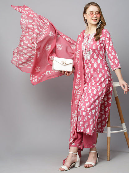Ethnic Printed & Embroidered Straight Kurta with Pants & Dupatta - Pink