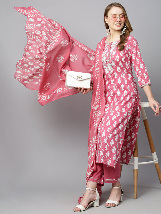 Ethnic Printed & Embroidered Straight Kurta with Pants & Dupatta - Pink