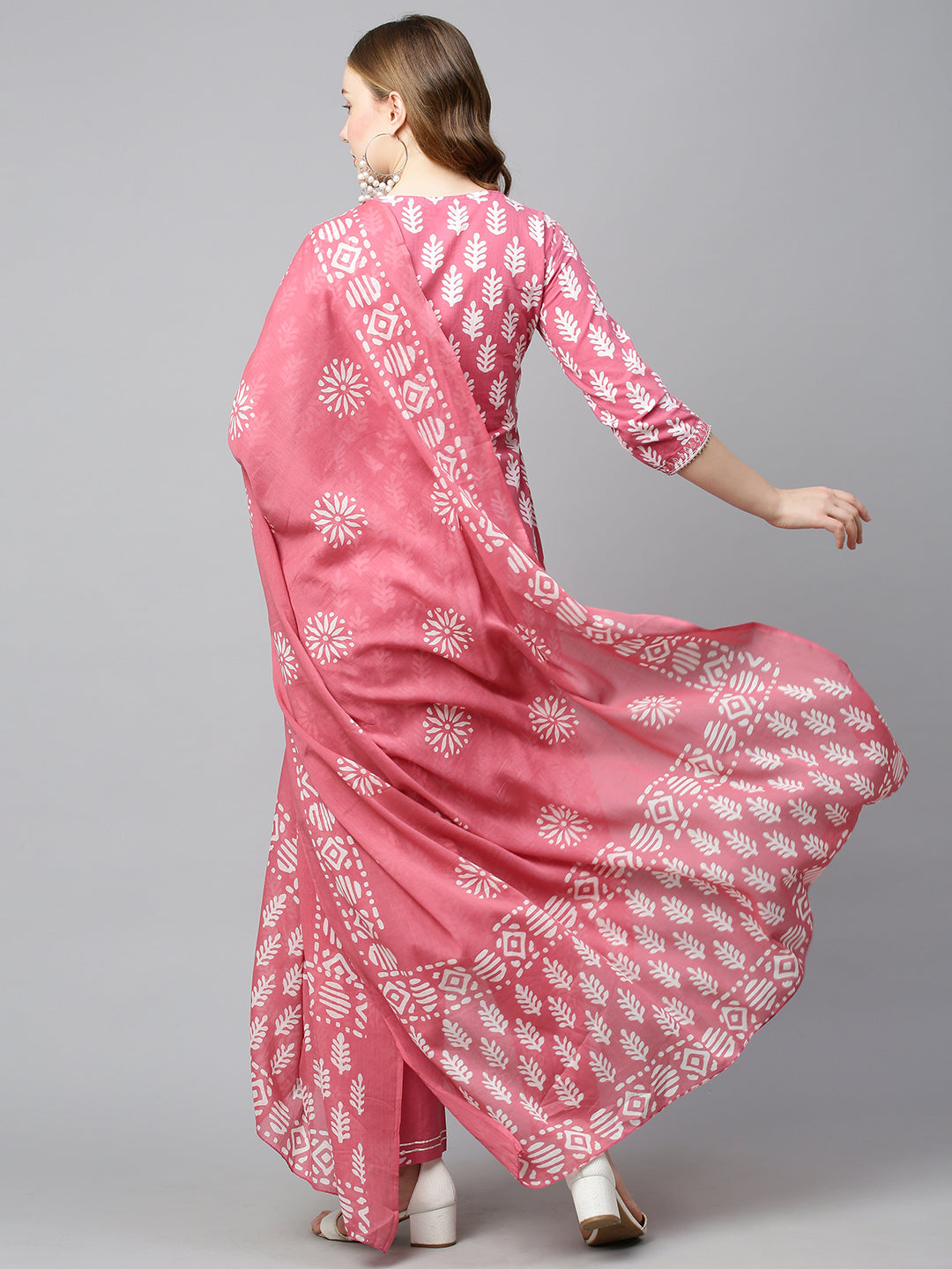 Ethnic Printed & Embroidered Straight Kurta with Pants & Dupatta - Pink