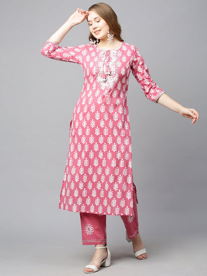 Ethnic Printed & Embroidered Straight Kurta with Pants & Dupatta - Pink