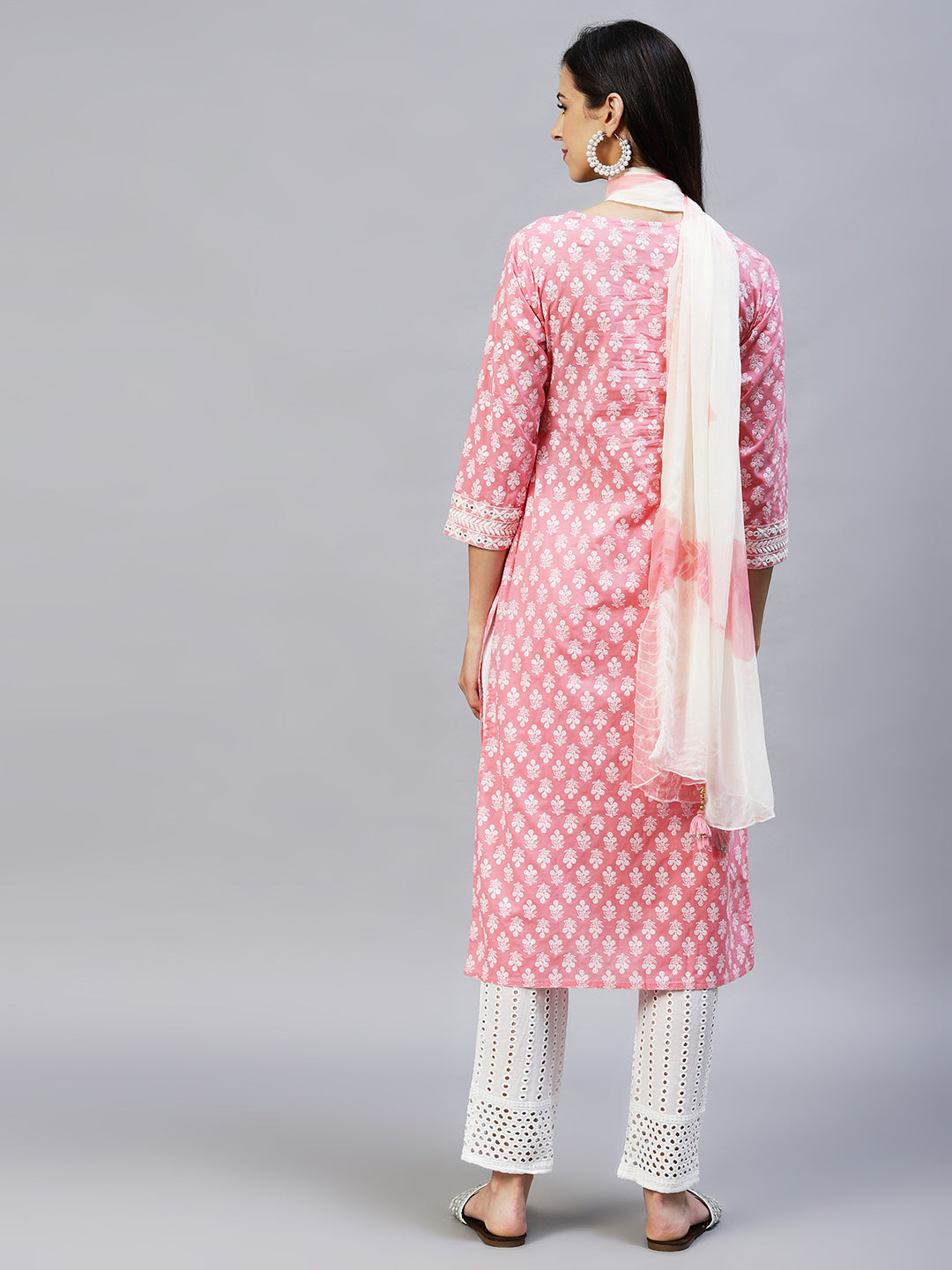 Floral Printed & Embroidered Straight Kurta with Pants & Dupatta - Pink