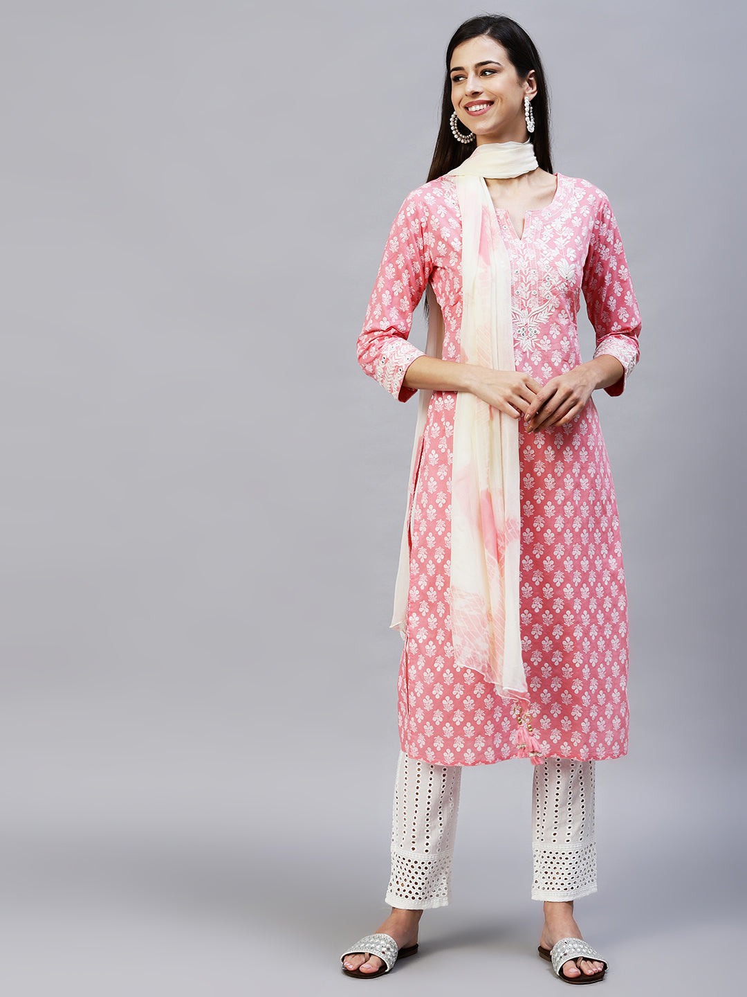 Floral Printed & Embroidered Straight Kurta with Pants & Dupatta - Pink